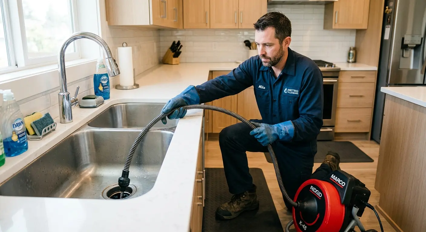 Drain cleaning technician using a motorized snake on a kitchen sink in University of Virginia