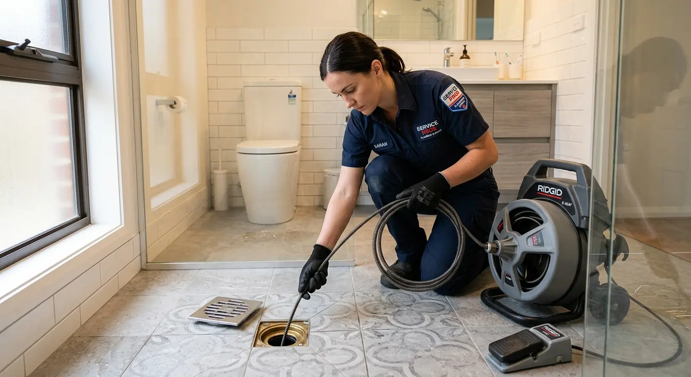 Technician clearing a bathroom floor drain for Drain Cleaning in University of Virginia